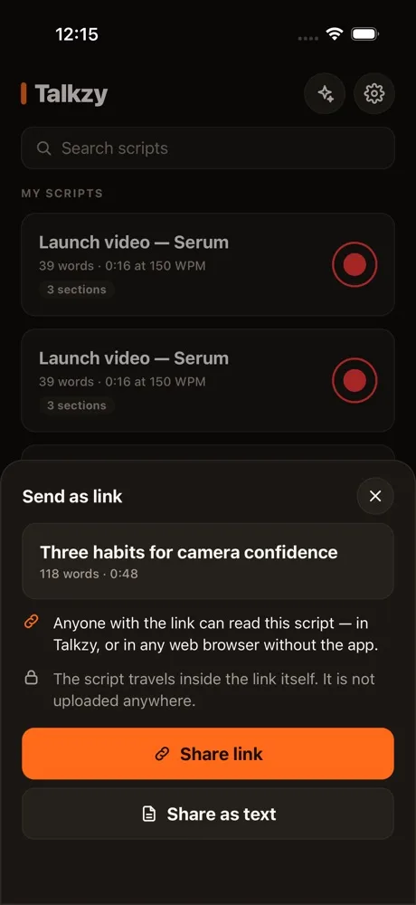 Talkzy screenshot: the Send as link sheet, with Share link and Share as text buttons