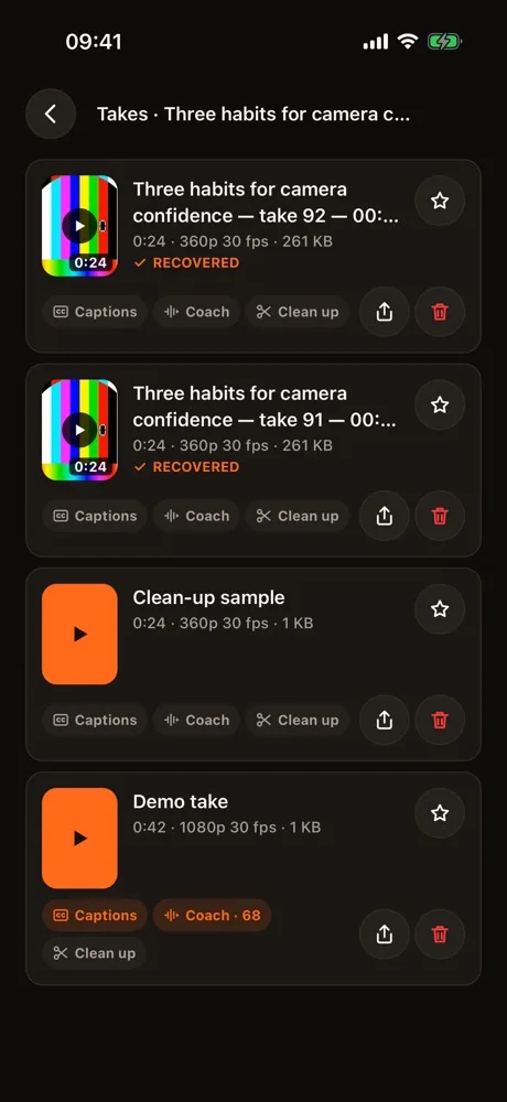 Talkzy screenshot: a script’s takes, each with a still (the simulator’s test pattern) and its length, two of them marked Recovered
