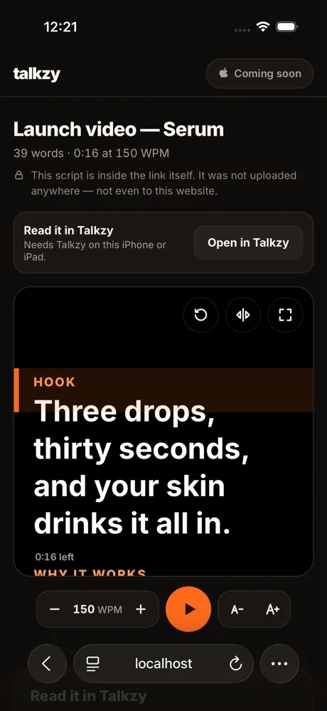Screenshot of Talkzy’s web teleprompter in Safari on iPhone, with a sample script