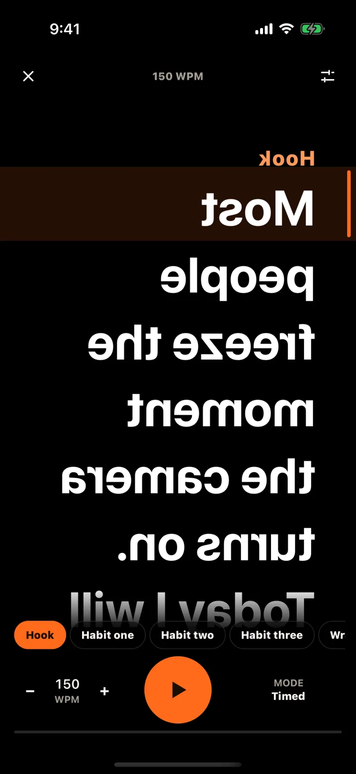 Talkzy screenshot: the prompter on an iPhone with the script mirrored left to right, ready to be read through a glass