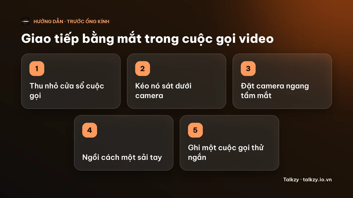 Sơ đồ: năm bước để giữ giao tiếp bằng mắt trong cuộc gọi video — thu nhỏ cửa sổ cuộc gọi, kéo nó xuống sát dưới camera, đặt camera ngang tầm mắt, ngồi cách một sải tay, ghi một cuộc gọi thử