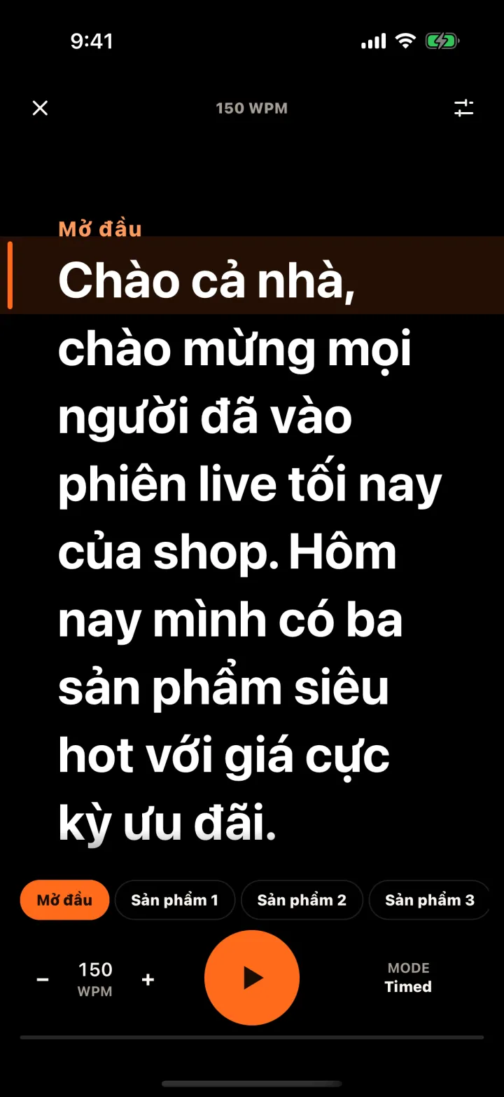 Ảnh chụp màn hình Talkzy: kịch bản livestream tiếng Việt trên màn hình nhắc chữ, phần Mở đầu nằm trên dải đang đọc, phía dưới là các nút Sản phẩm 1, 2, 3.