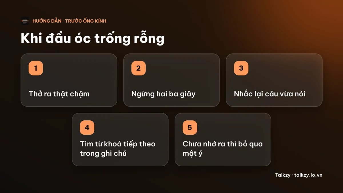Sơ đồ: năm bước khi đầu óc trống rỗng — thở ra, ngừng hai ba giây, nhắc lại câu vừa nói, tìm từ khoá tiếp theo trong ghi chú, bỏ qua một ý nếu chưa nhớ ra