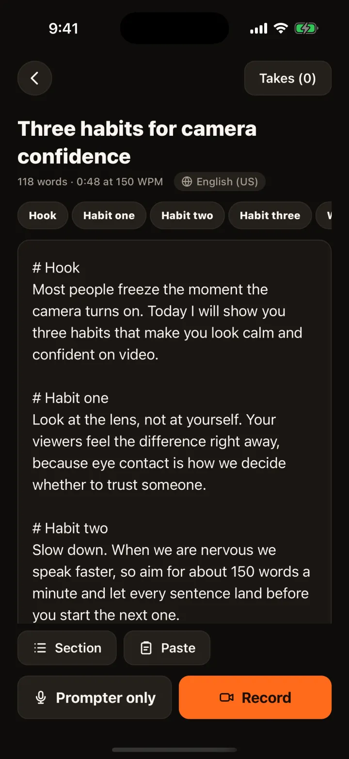 Talkzy screenshot: the script editor with sections such as Hook, Habit one and Habit two, section chips across the top, and Prompter only and Record buttons