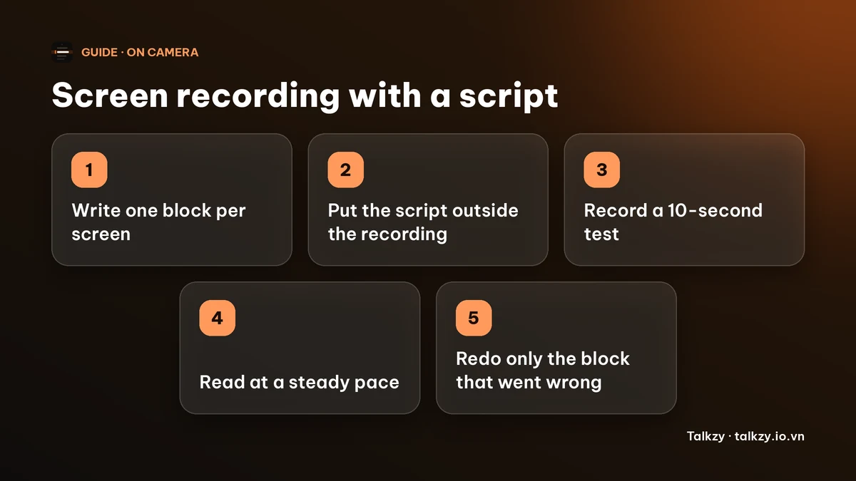 Diagram: five steps for a screen recording with a script — write one block per screen, put the script outside the recording, do a 10-second test, read at a steady pace, re-record only the block that went wrong