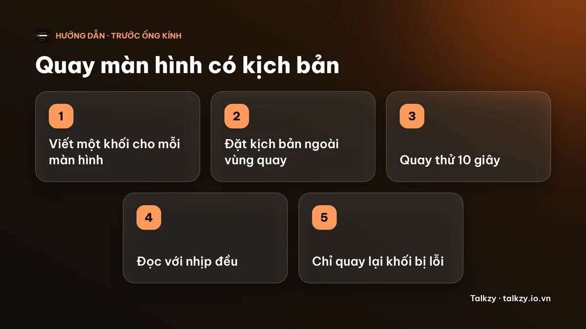 Sơ đồ: năm bước quay màn hình có kịch bản — viết một khối cho mỗi màn hình, đặt kịch bản ngoài vùng quay, quay thử 10 giây, đọc với nhịp đều, chỉ quay lại khối bị lỗi