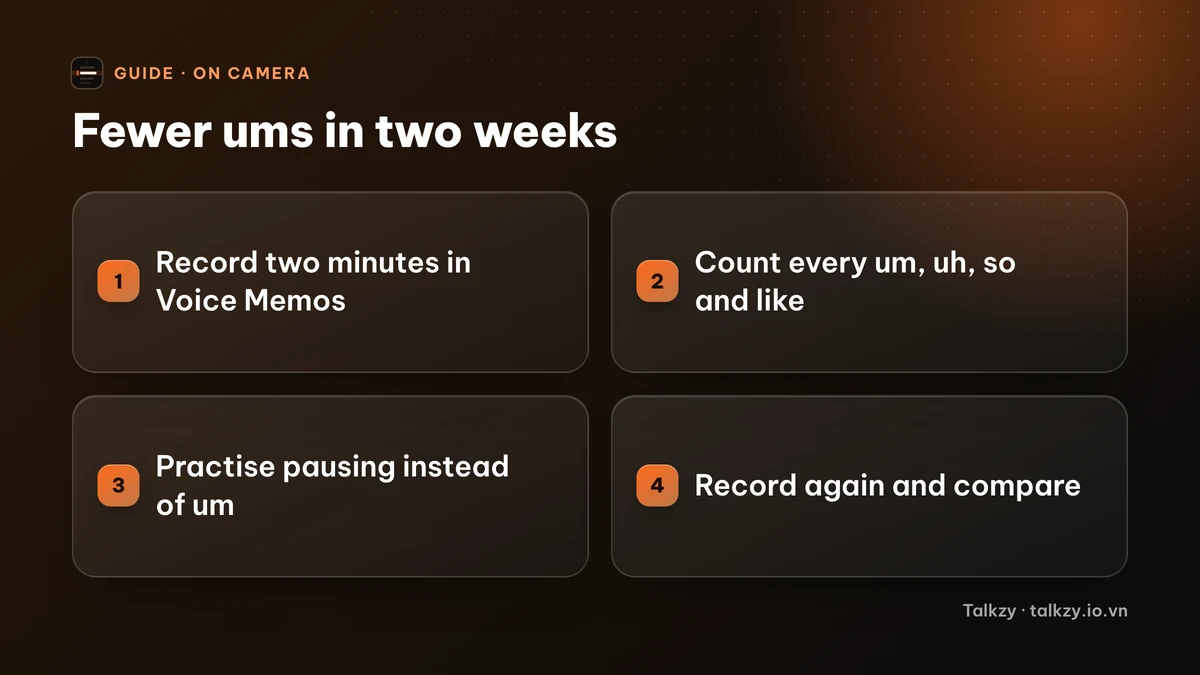 Diagram: four steps — record two minutes, count your fillers, practise pausing instead, record again and compare