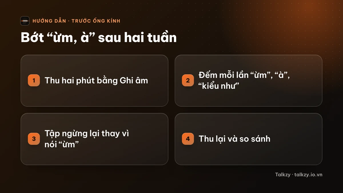 Sơ đồ: bốn bước — ghi âm hai phút, đếm từ đệm, tập ngừng lại thay vì nói “ừm”, ghi lại và so sánh