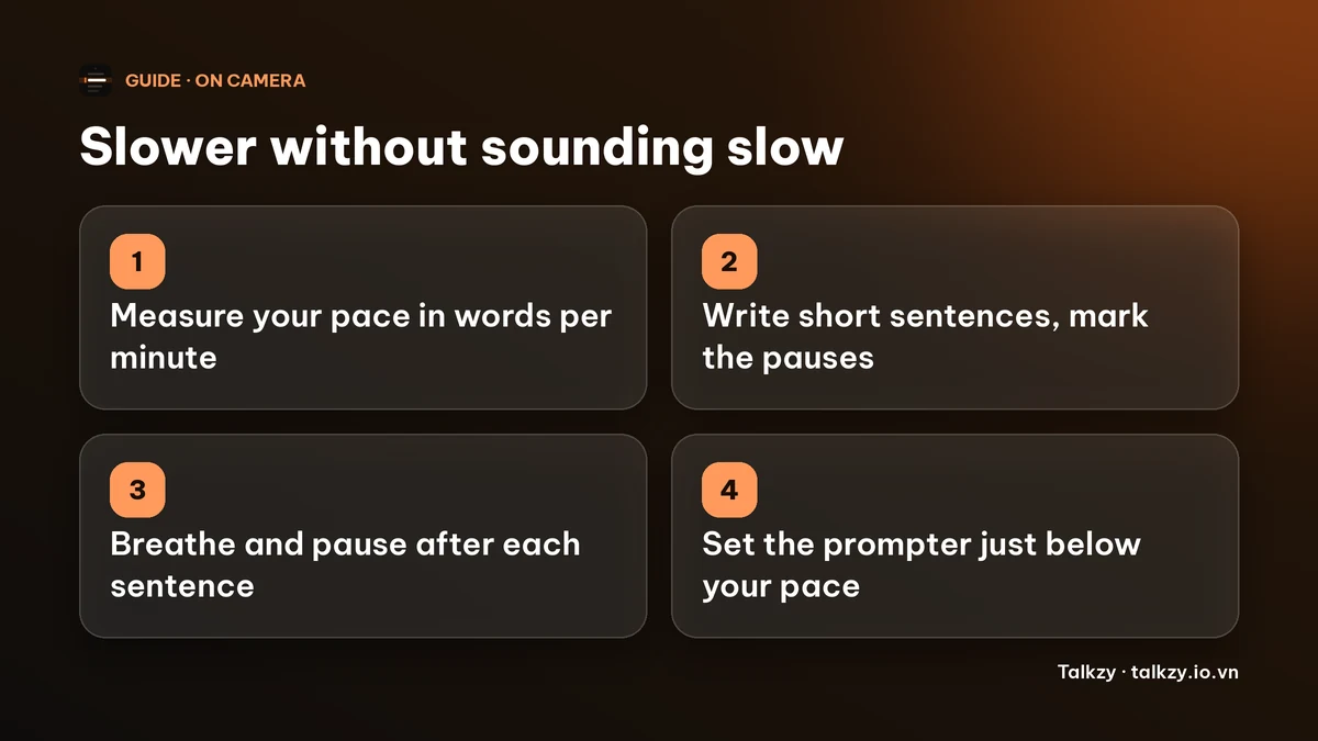Diagram: four steps — measure your pace, write short sentences, pause on purpose, set the prompter below your pace