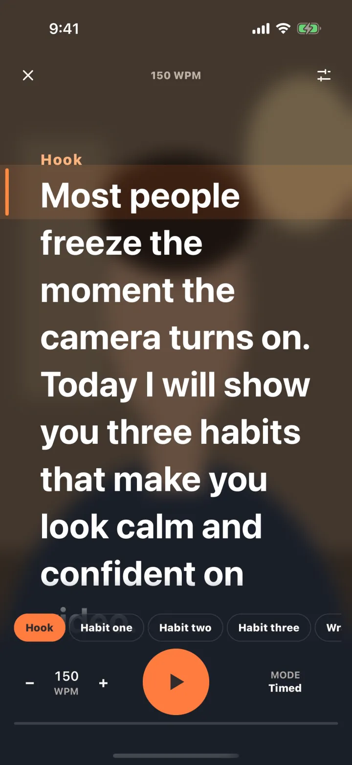 Talkzy screenshot: a script running over the front-camera preview, the current line on an orange reading band near the top of the screen, section chips at the bottom and a speed of 150 WPM.