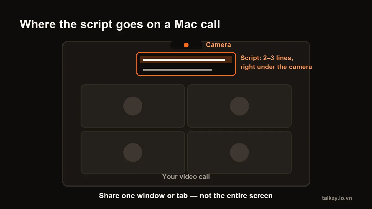 Diagram: a laptop screen with the camera at the top centre, a narrow script window right under it, the video call below, and a note to share one window instead of the whole screen