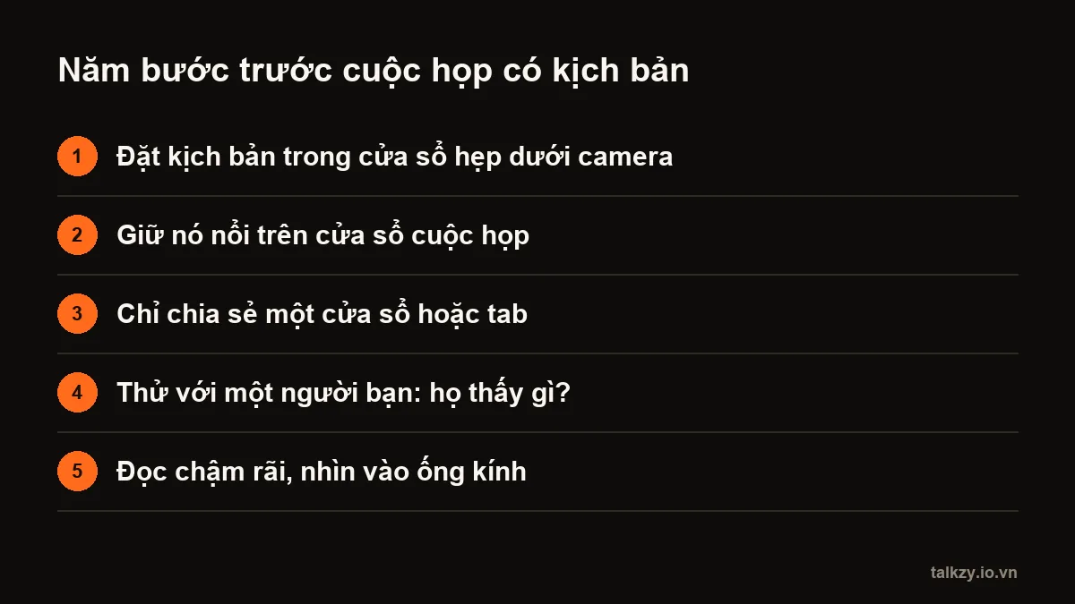 Sơ đồ: năm bước — đặt kịch bản trong cửa sổ hẹp dưới camera, giữ nó nổi lên trên, chỉ chia sẻ một cửa sổ hoặc tab, thử với một người bạn, đọc chậm rãi và nhìn vào ống kính